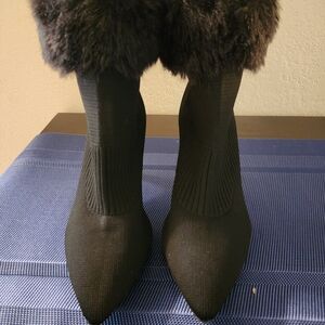 Adrienne Vittadini Black Heeled Boots with Fur Trim
